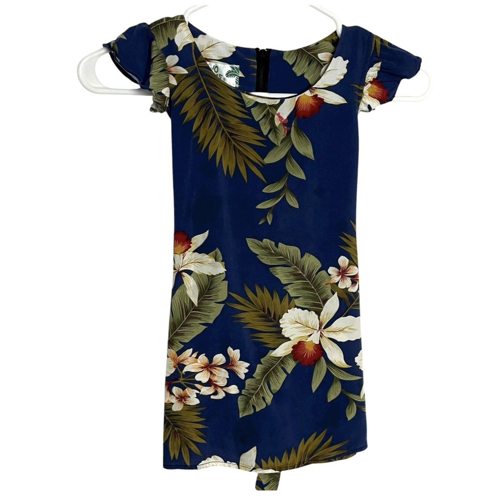 Two Palms Girls Hawaiian Dress Sz 4 Blue Tropical Floral Tie Back Flutter Sleeve
